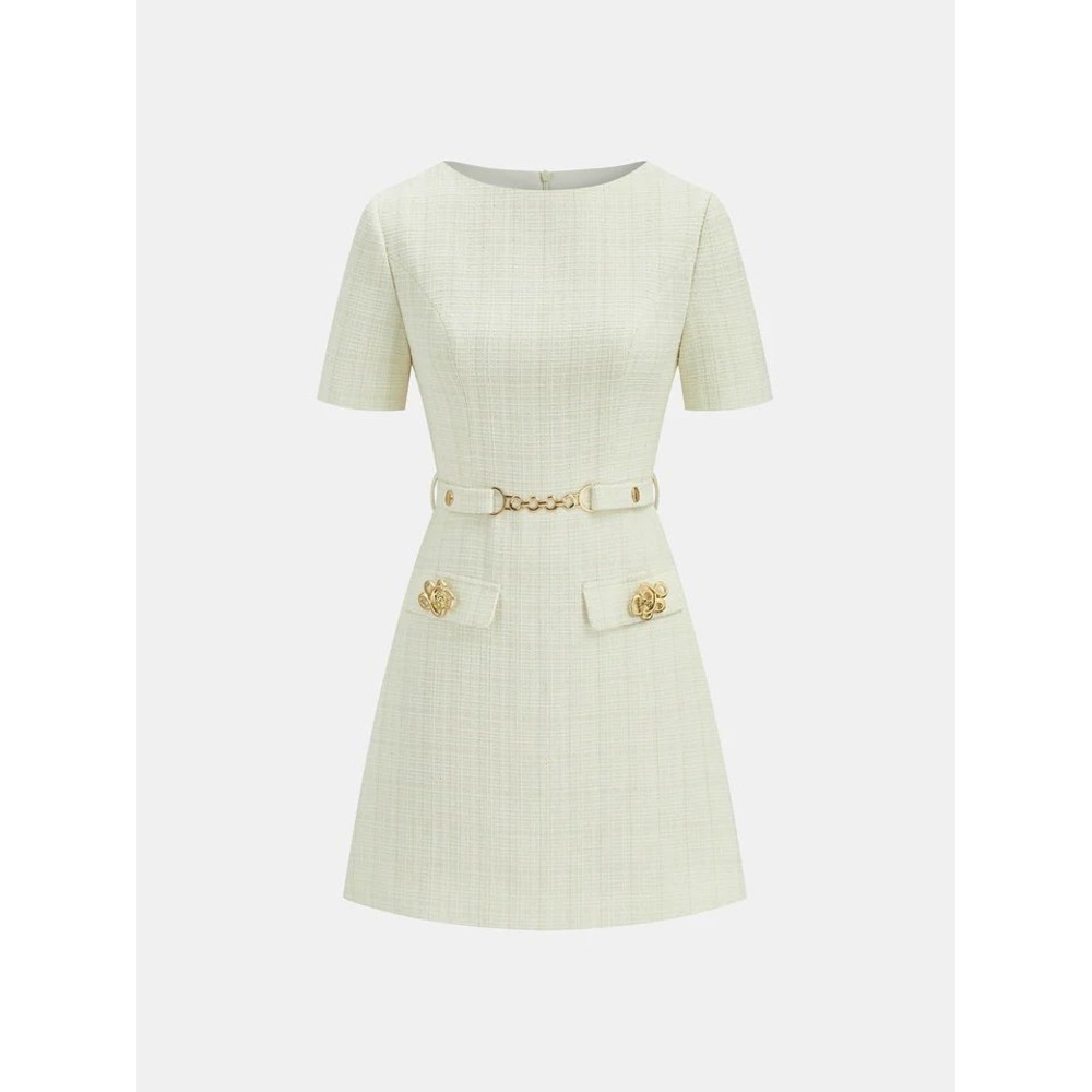 Commense Cream Tweed Mini Dress Ivory Size L Gold Accents Chain Belt Old Money - Picture 4 of 11